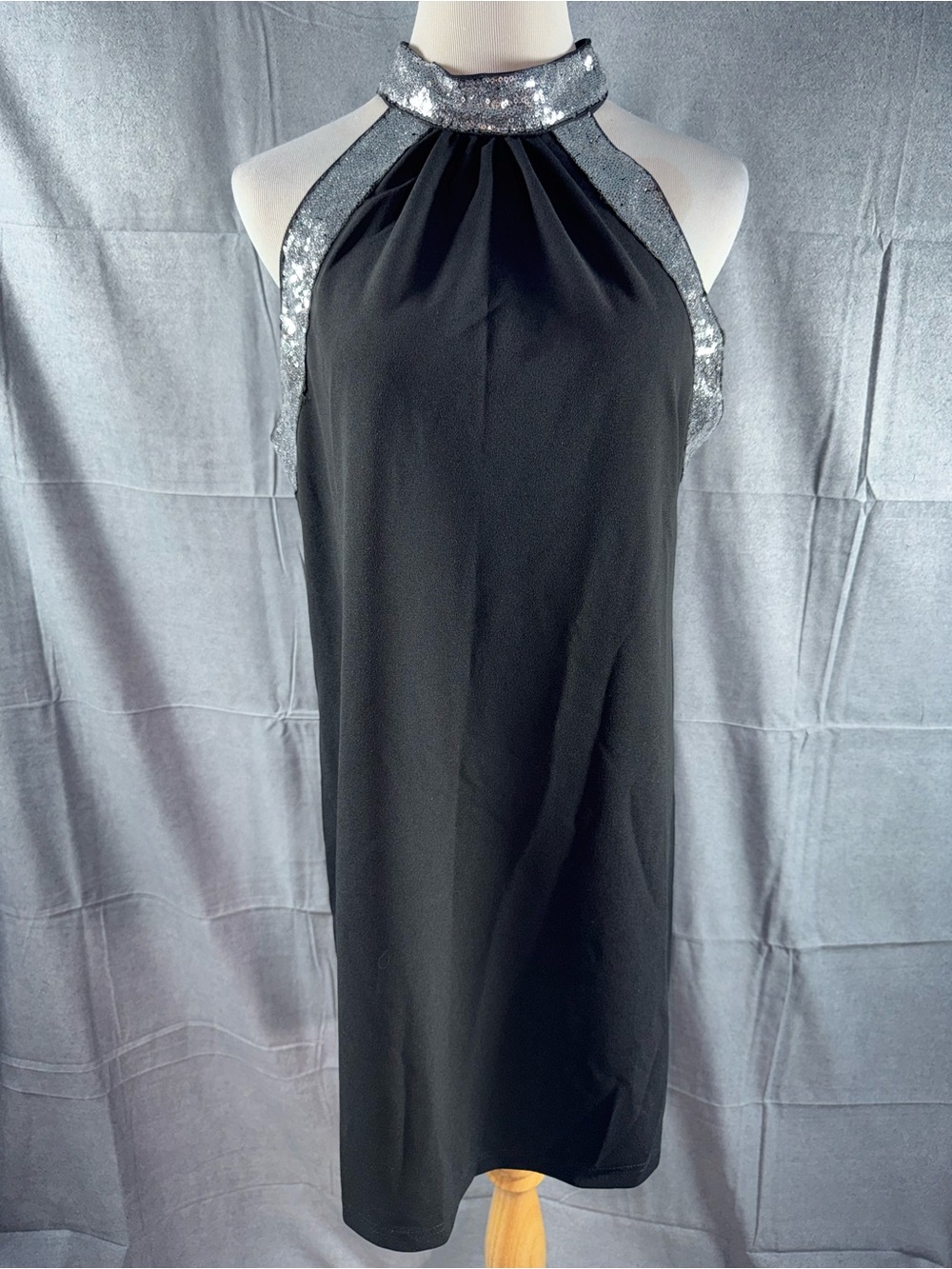 2581-Black Halter Dress with Silver Sequin Trim